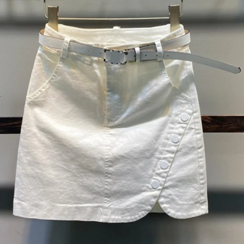 

2022 summer new solid color button denim skirt women high waist casual bag hip one step short skirt