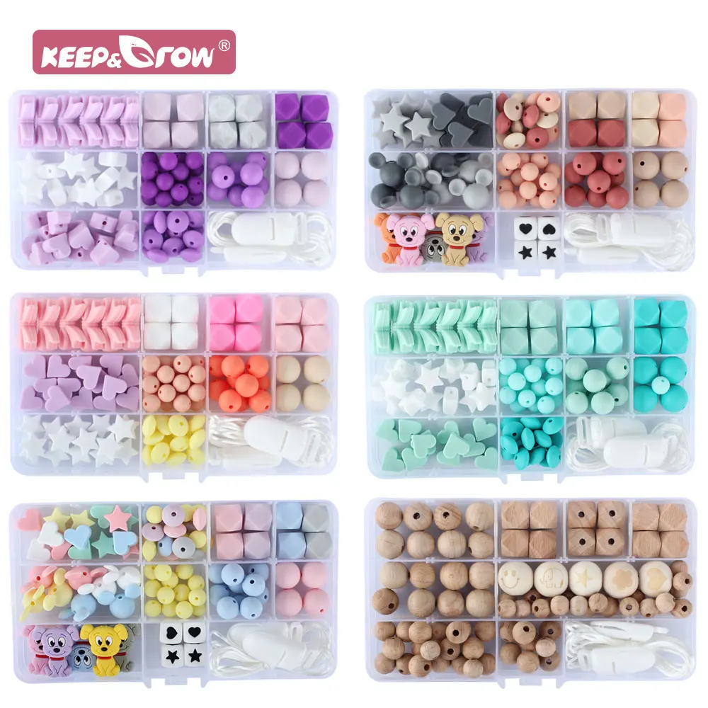 

Silicone Wooden Beads Clips Teethers Set DIY Baby Teething Nursing Rodent Molar Chew Pacifier Chain Food Grade Baby Teether Toys