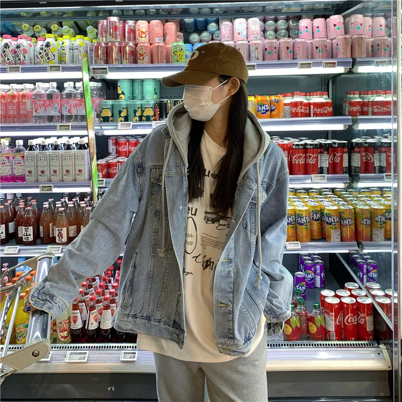 Hooded Jean Jacket Women Korean Style Loose Button Up Denim Coats Autumn 2025 New Fashion Oversized Jacket Female