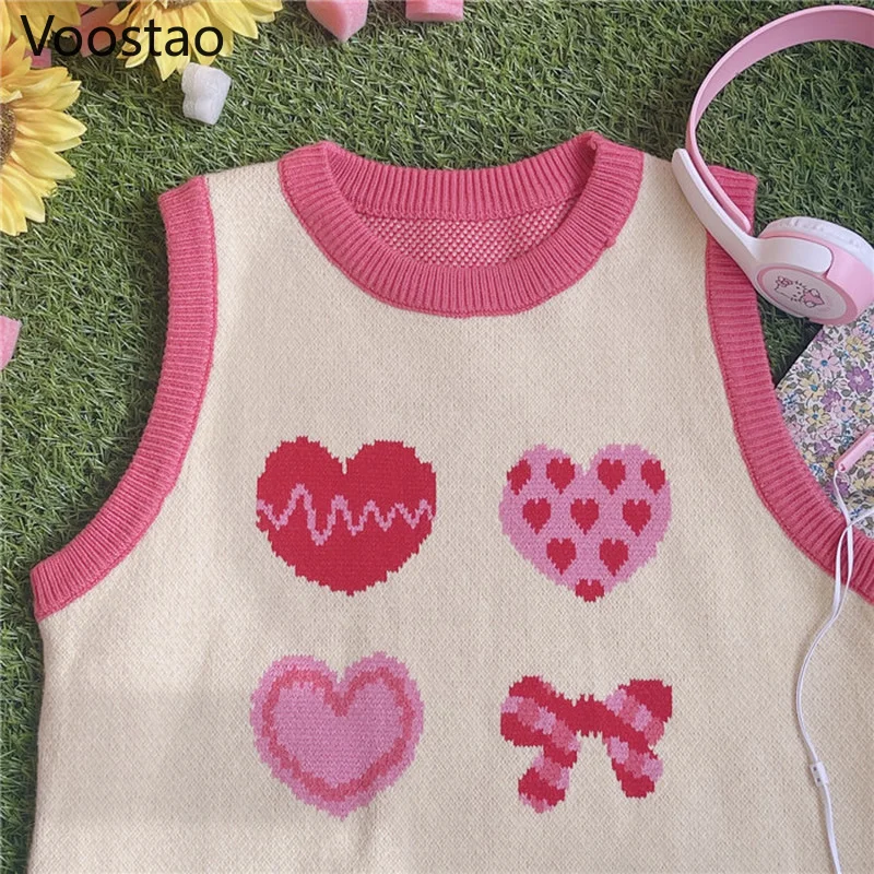 Japanese Cute Lolita Heart Shaped Jacquard Knitted Pullovers Spring Autumn Women Loose JK Sweater Vest Girly Sweet Waistcoat