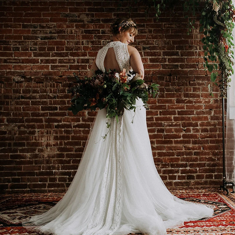 Romantic Lace Dotted Tulle Beach Bridal Gown Customized Halter Elopement Photography Backless RacerBack Rustic Wedding Dress