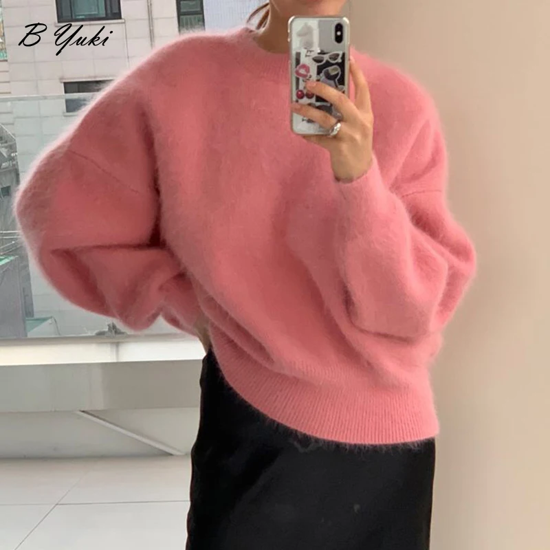 

Blessyuki Soft Mink Cashmere Pullover Sweater Women Winter Thicken Warm Solid Sweater Feamle Casual Loose Lazy Oaf O Neck Jumper