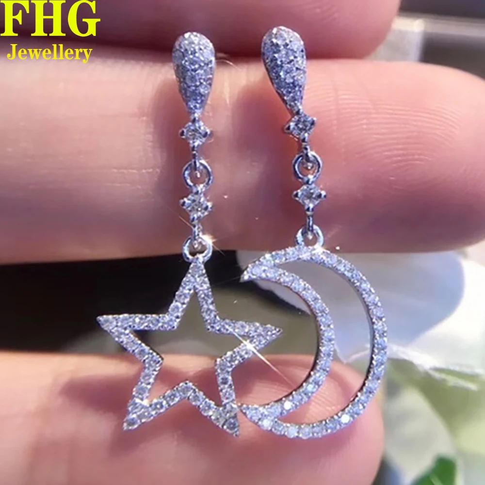 

18k Au750 White Gold Earrings Natural diamond0.6Carat Star adn moon Earring Wedding Party Engagement Anniversary Fashion Elegant