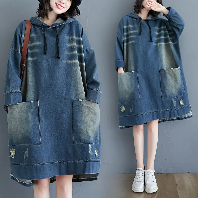 Women's Autumn Retro Hole Denim Dress Female Mid-Length Casual Pocket Hooded Dress Vintage Jeans Shirt Tunic Top y1571