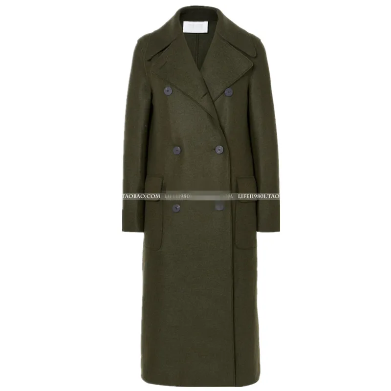 

autumn winter fashion army green woolen coat women double breasted pocket wool blends coat