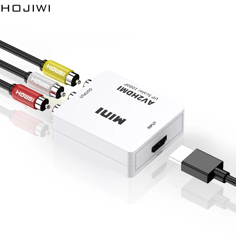 HOJIWI HDMI-compatible to RCA Converter AV/CVSB L/R Video 1080P MINI AV2HDMI Adapter For HDTV Projector Set top box DVD AD02