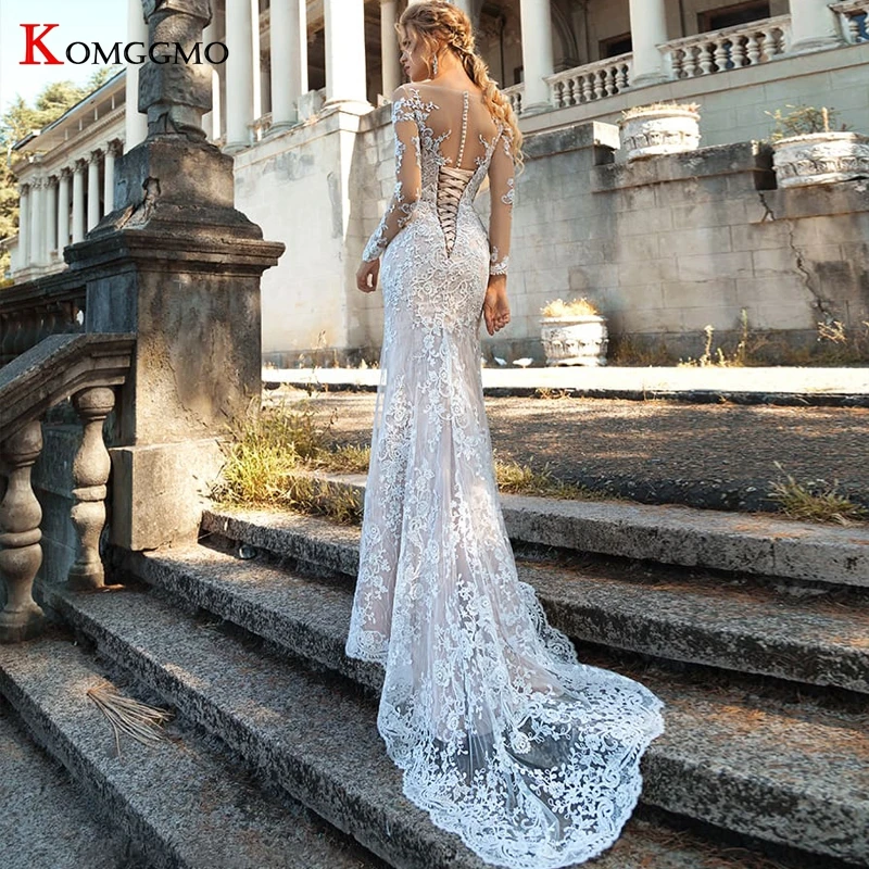 Lusso o-collo ricamo Appliques Tulle manica intera sirena abito da sposa elegante treno staccabile 2 IN 1 abito da sposa 2023