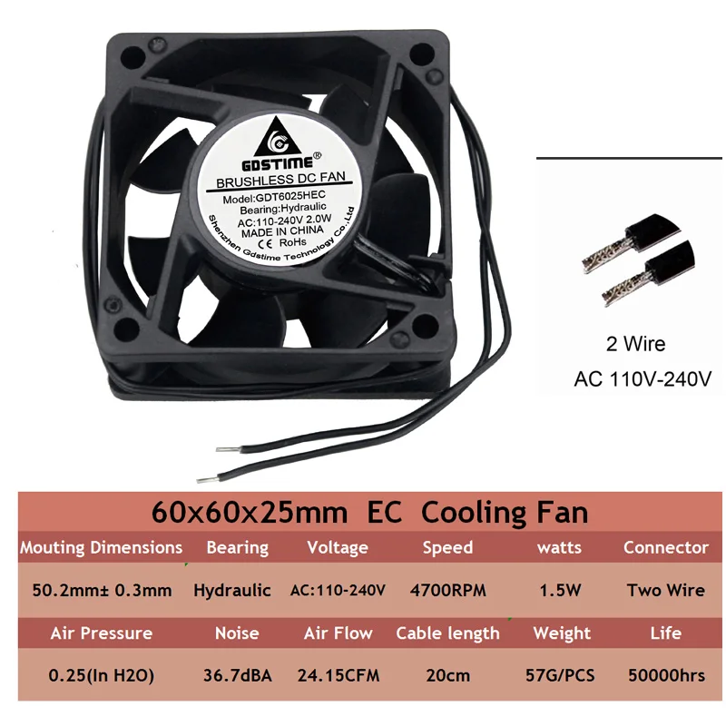 1PCS Gdstime EC 60mm 6025 Brushless Fan Axial AC 110V 115V 120V 220V 230V 240V Dual Hydraulic Axial Fan