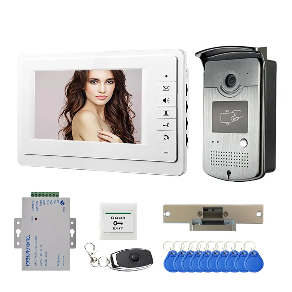 New 7 inch Wired Video Door Phone Intercom Entry System 1 Monitor + 1 RFID Access HD Camera Electric Strike Lock