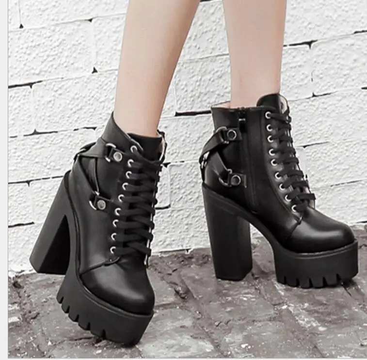 

Sexy Fashion Black Boots Women Heel Spring Autumn Lace-up Soft Leather Platform Shoes Woman Party Ankle Boots High Heels Large