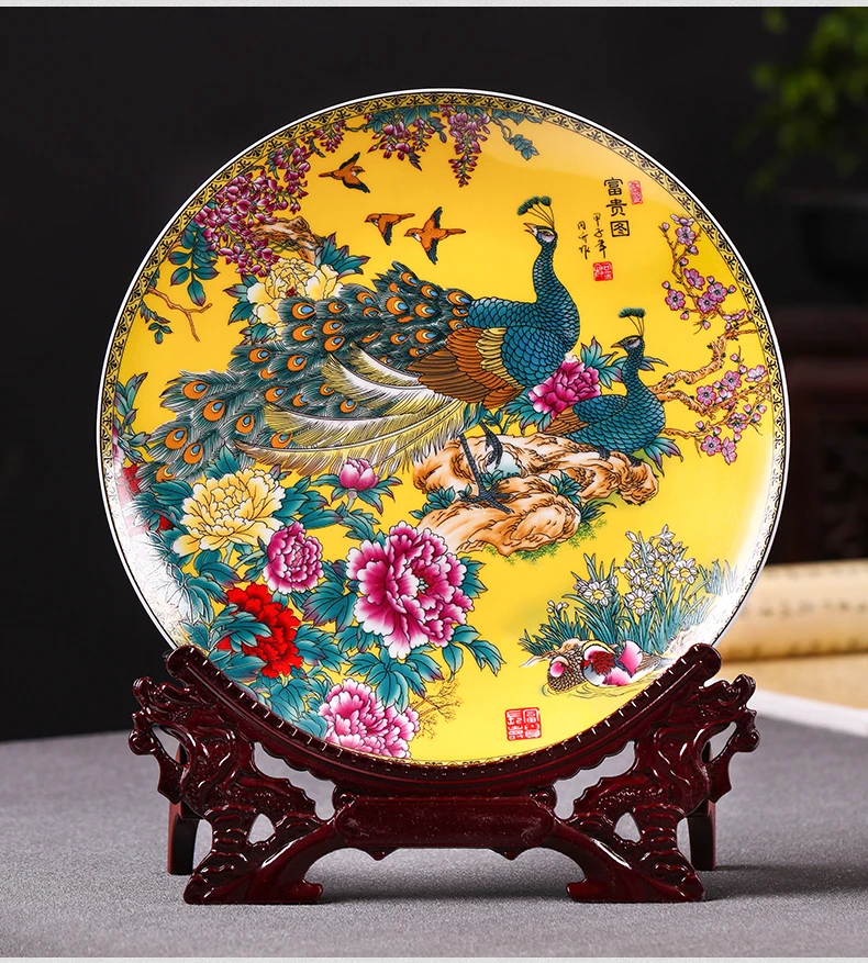 

Modern Home Decor Ceramic Ornamental Plate Peacock Chinese Decoration Lovely Scenery Plate Set Setting Wall