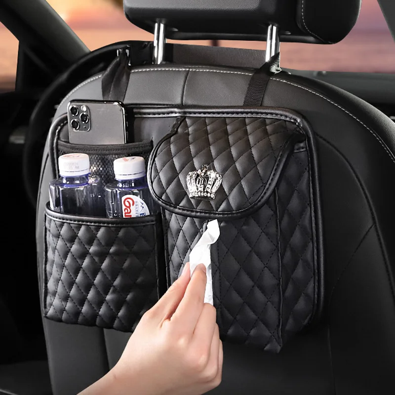 Cute Cartoon Car Paper Tissue Holder for Front Seat Pocket Diamond Crown Auto Backseat Organizer Leather Car Seat Purse (Black)