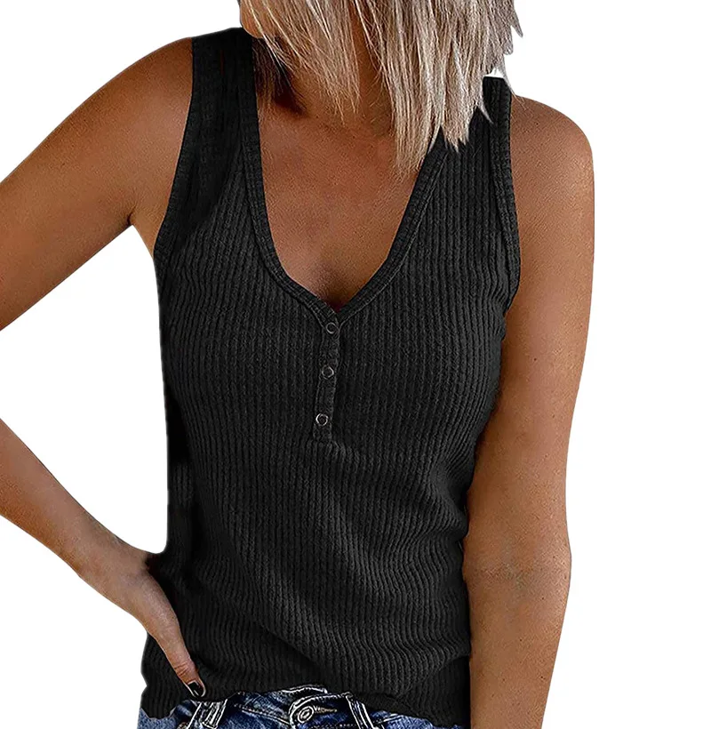 Summer Buttons Tank Top Women Camisole T-shirt Solid V-Neck Sleeveless Knitted Sexy Casual Plus Size Tee Shirt Femme T-shirts