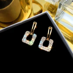 Exquisite Rhinestone Square Stud Earrings for Women Personality Compact Geometric Full CZ Crystal Ear Jewelry