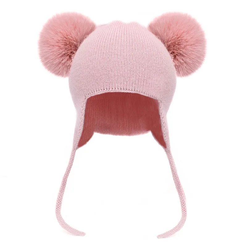 Autumn Winter Baby Beanie Hat Fluffy Cute Faux Fur Pom Pom Cashmere Wool Cap Kids Outdoor Warm Thick Double Layer Earflap Beanie