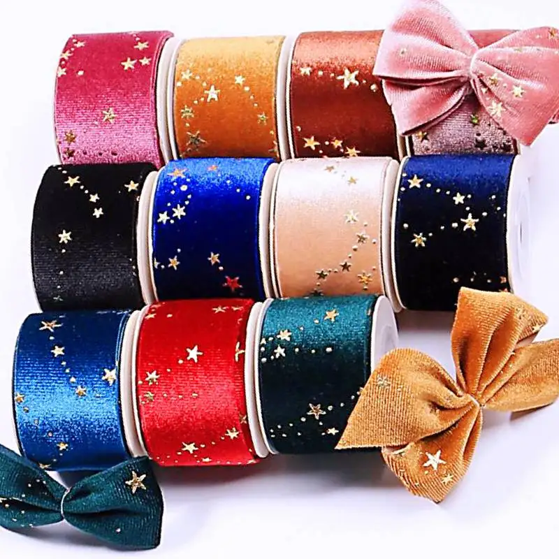 10 Yards 25MM/35MM Gold/Star Velvet Ribbon DIY Handmade Material Headdress Bows Gift Wrapped Clothing Accessories