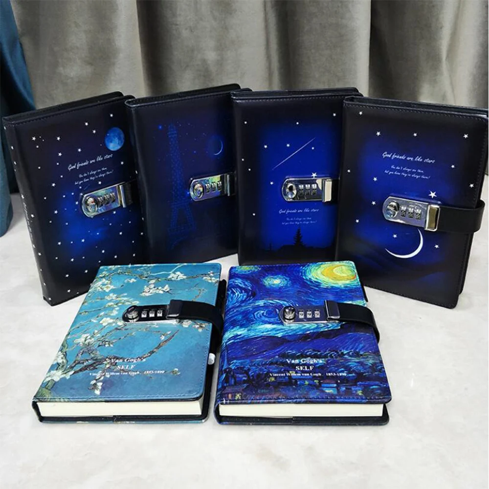 Password Lock Notebook Van Gogh Starry Apricot Blossom Diary Notebook 260 Pages Students Secretly Diary Hand Ledger As Kids gift