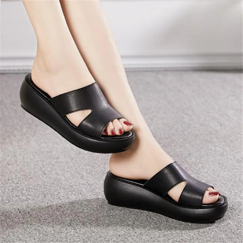 Women Slippers Summer Casual Shoes Genuine Leather Wedges Platform Slippers Women Sandals High Heel Slides