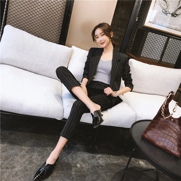 New Autumn Vintage Striped Blazer Woman Elegant Business Suits Ladies Work Wear Casual Tops Female Sets Hot LX2161