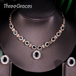 Threegraces Luxury Gold Color Oval Dark Bule Cubic Zirconia Stone Earrings Necklace Dubai Bridal Jewelry Sets for Women JS173