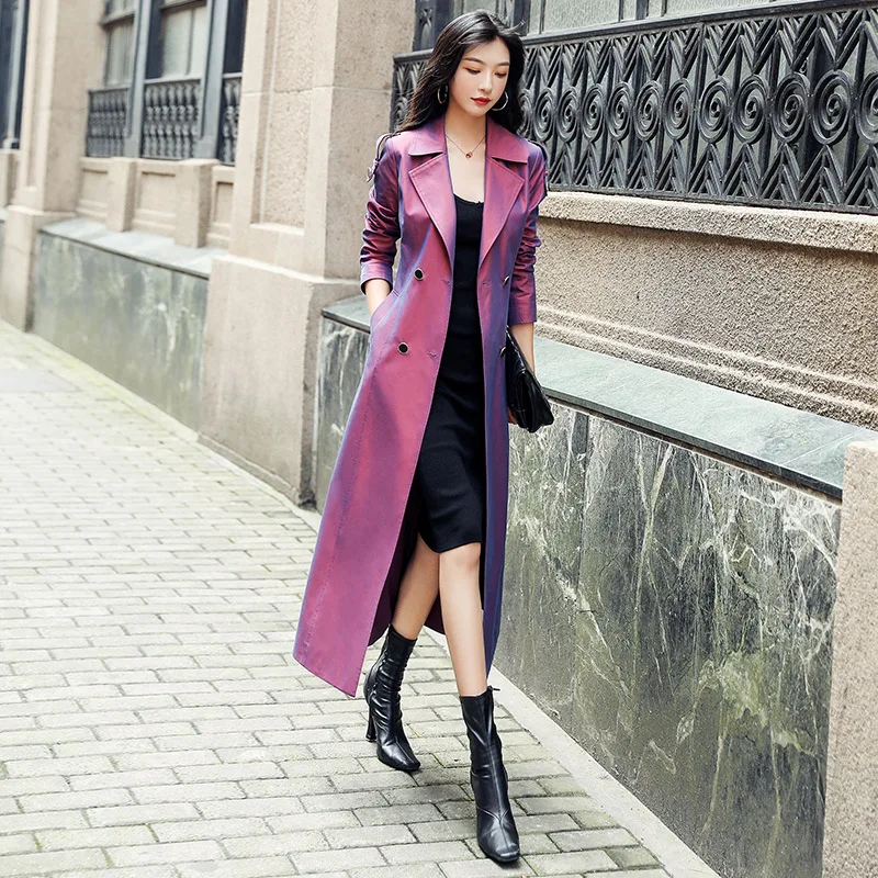 2020 New Spring Autumn Purple Long Women Trench Coat Turn Down Collar Double Breasted Fashion Elegant Female Windbreaker