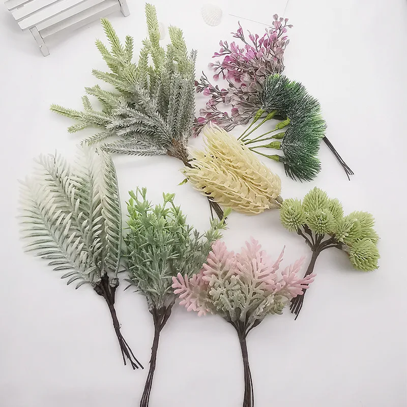 10 pcs DIY Various Artificial Flower Headdress Accessories Corsage Straw Hat Flower Wall Fleshy Flocking Iron Leaf Pine Branches