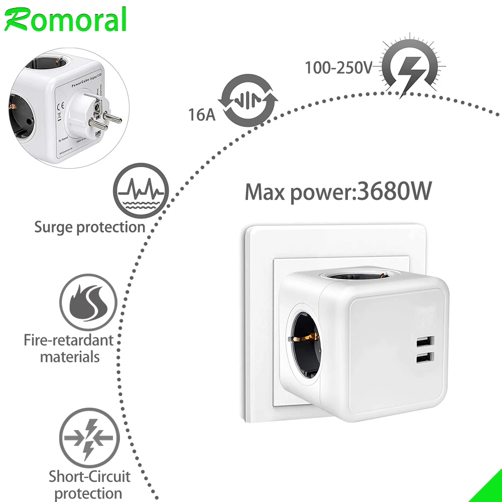 16A EU Plug Socket 3680W Power Scoket Multi-port AC Jack Socket Desktop Extension Socket For Home Office