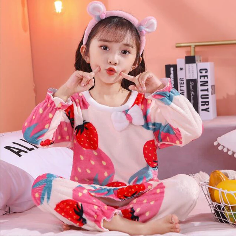 Spring Winter Warm Thick Coral Velvet Kids Boys Girls Pajama Sets Cartoon Print Long Sleeve Cute Pajamas Set