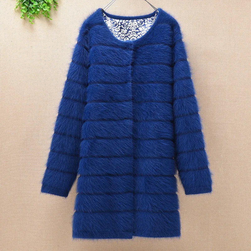 

Top mujer women thick warm medium long stripes angora rabbit fur knitted cardigan long sleeves sweater mink cashmere coat winter