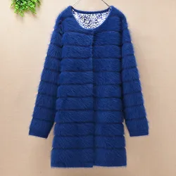 Top mujer women thick warm medium long stripes angora rabbit fur knitted cardigan long sleeves sweater mink cashmere coat winter