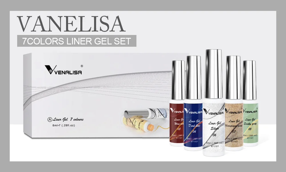 7 farbe Kit Venalisa Liner Gel 8ml Französisch Gel Nagel Farbe Gel Polish UV LED Malerei Gel Nail art design Wunderschöne Glitter Farbe – Detail 5