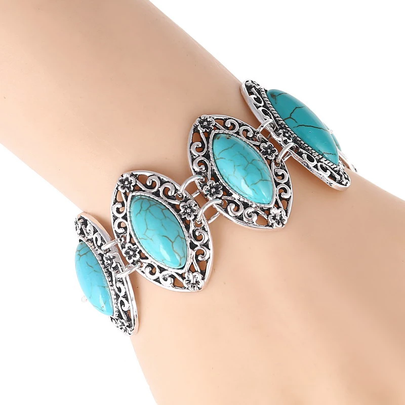 Vintage Ethnic Geometric Blue Stone Bracelets Bangles for Women Boho Classic Elegant Adjustable Bracelets Jewelry Wholesale Gift