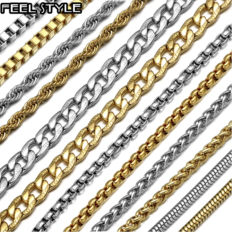 24inches Gold Gold Color Stainless Steel Cuban Link Chain Necklace For Men Jewerly Snake/Box/Hanging/Curb/Flat/Twist Chain