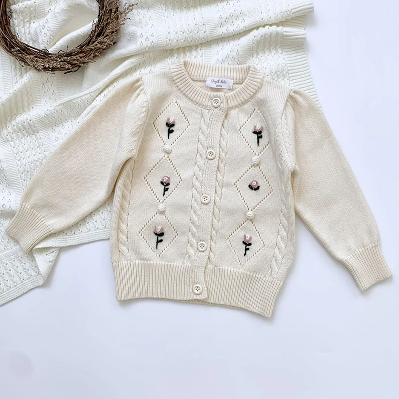 2021 Autumn Baby Girls Knitted Sweaters Jacket Korean Style Embroidery Floral Tops Kids Cardigan Coats Children Clothes Cotton