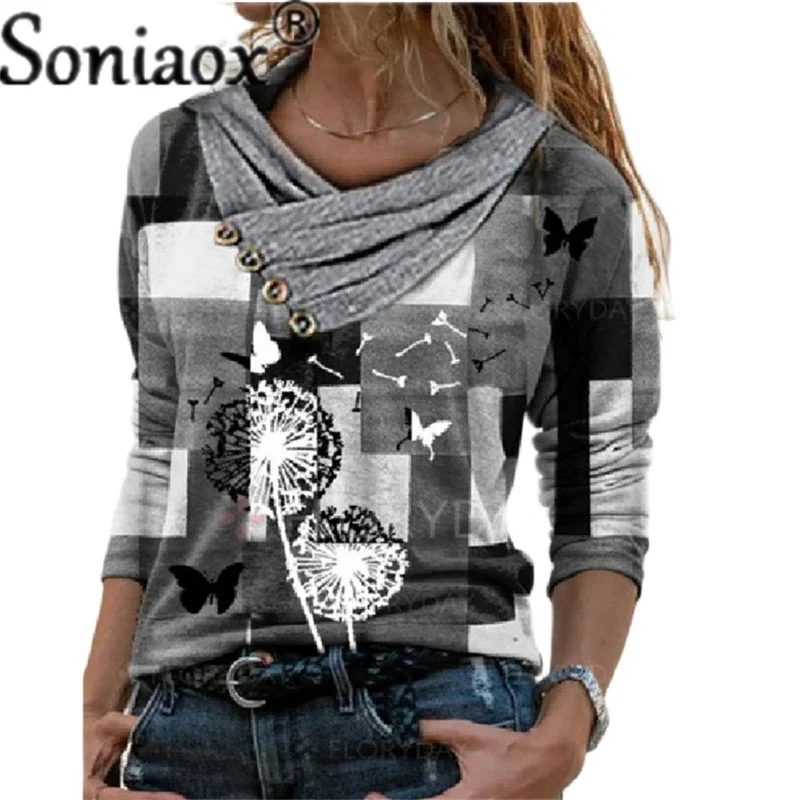 2021 Autumn New Womens Top Loose Casual Long Sleeve Cat Printed Pullover Cross V-Neck Cotton T-Shirt Slim Casual Fashion T-Shirt