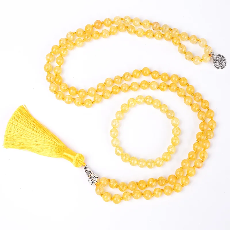 8mm Natural Citrine Beaded Knotted Mala Necklace Meditation Yoga Blessing Healing Jewelry Bracelet Set 108 Rosary Tassel Pendant