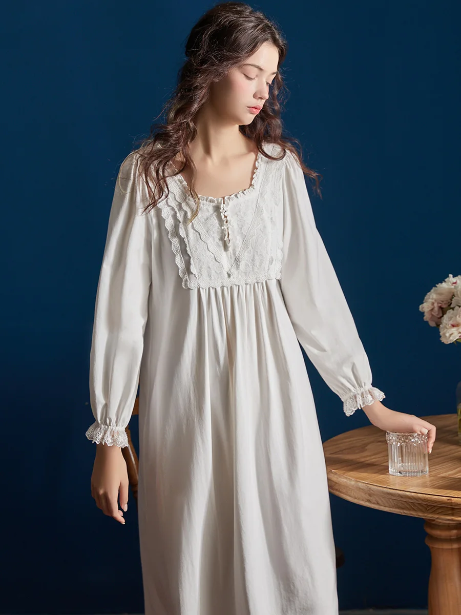 Hanxiuju Vintage Embroidery Long Nightgowns For Lady Spring Autumn Long Sleeve Elegant Delicate Loose Nightshirts Homewear