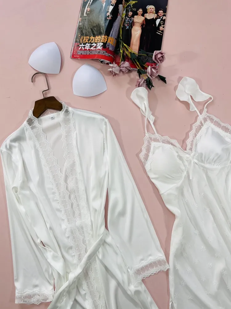 2PCS Nighty & Robe Anzug Satin Frauen Robe Set Kimono Kleid Casual Intimate Dessous Druck Hause Kleidung Sexy Nachthemd nachtwäsche – Detail 4