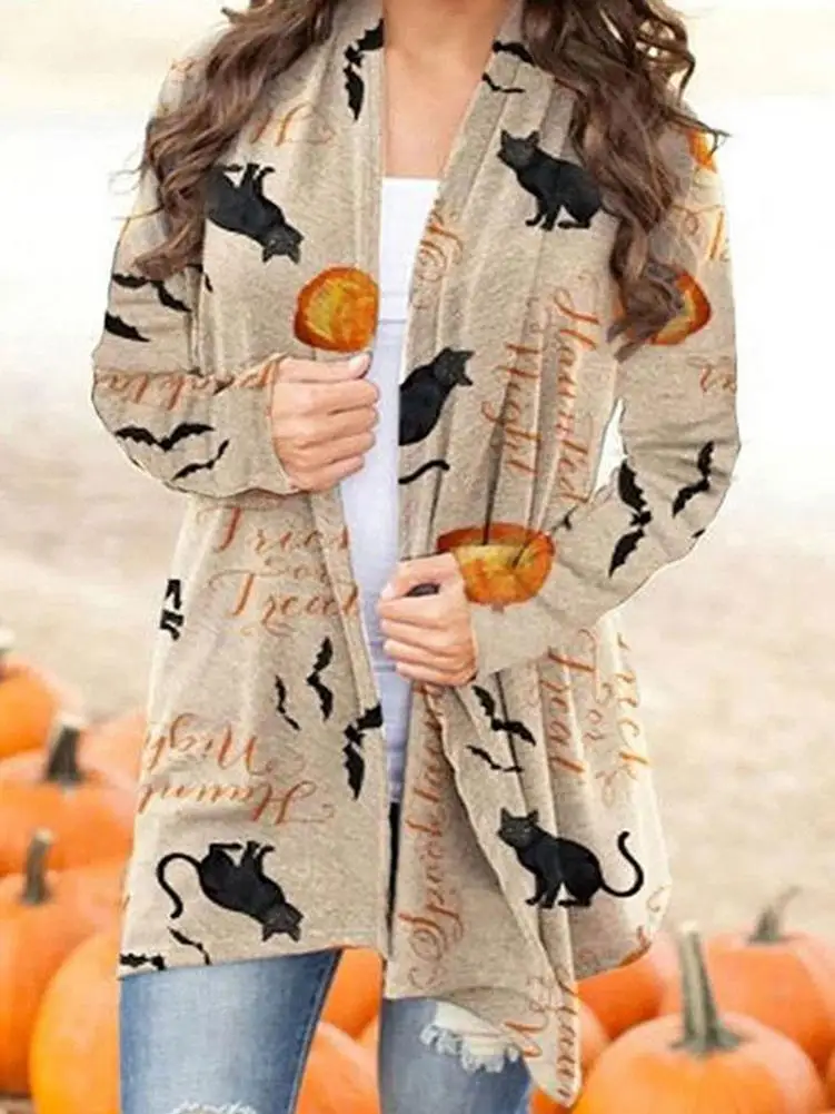 Halloween Cardigan For Women Sweater Top Long Blouse Ladies Sleeve Funny Cute Pumpkin Cardigan Coat Clothing Holiday Gift