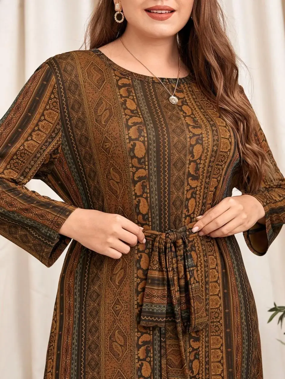 Winter Dress Women 2024 Female Long Sleeve Striped Retro Printing Vintage Dress Plus Size Loose Large Abaya Dubai Turkey Dress