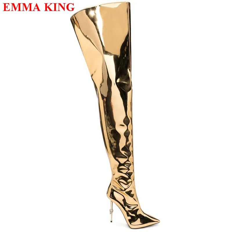 Fashion Gold Metallic Patent Leather Thigh High Boots Runway Pointed Toe High Heels Over The Knee Boots Design Long Knight Boots