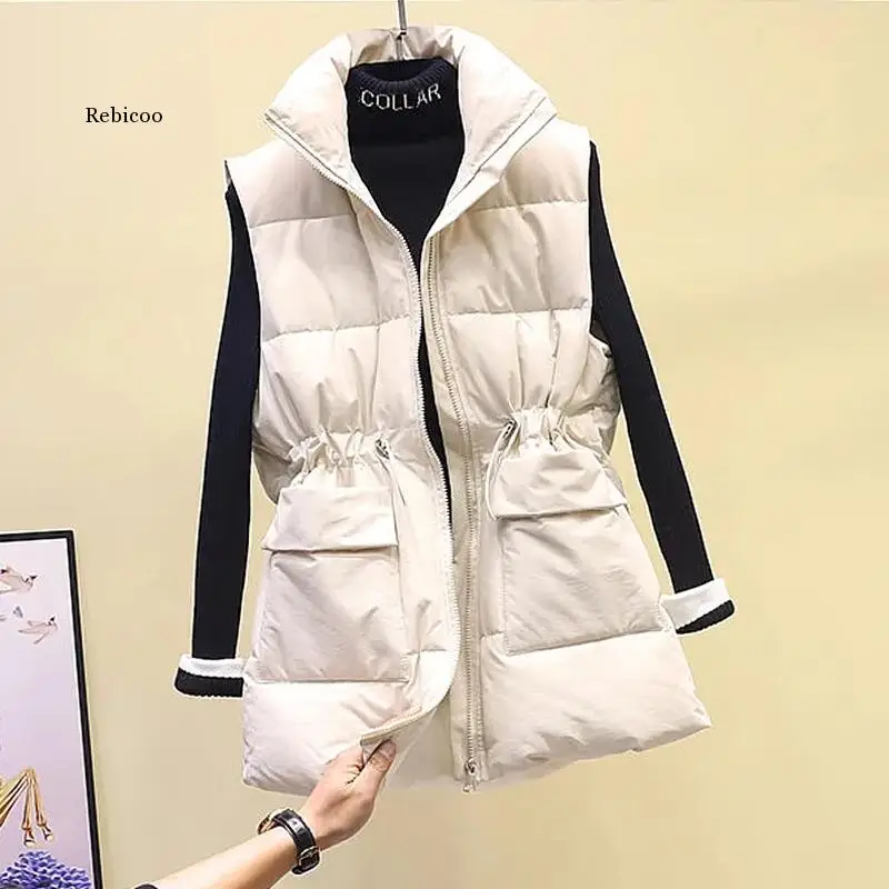 

Winter Large Size Thicken Cotton Down Vest Women Drawstring Slim Warm Cotton Waistcoat Women Winter Sleeveless Jacket