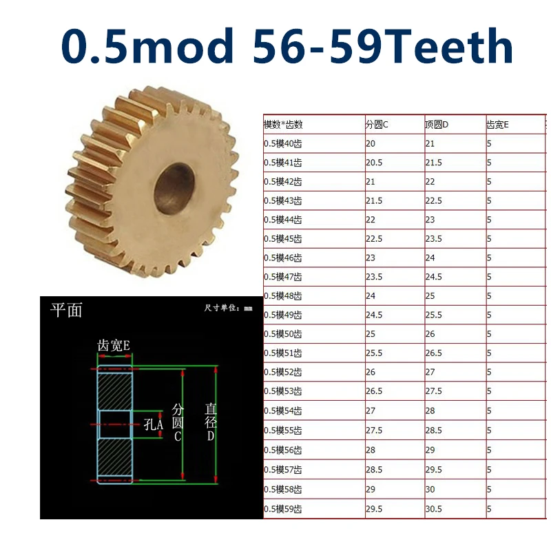 

1pc 0.5mod flat gear copper gear 0.5 die 56 57 58 59 tooth metal small modulus precision gear