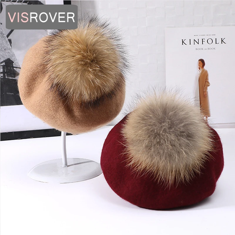 VISROVER New Unisex 100% Wool Winter Beret Solid fur Pompom Autumn Hat Winter Cap Spring Punk Beret Hat Real Fur Beret Wholesale