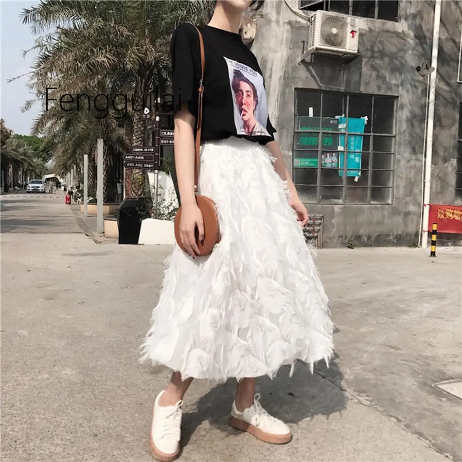 

FENGGUILAI Women Skirt Chiffon Feather Tassel Skirt Women High Waist Chiffon Skirt A Line White Black Midi Elegant Slim Female