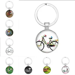 Vintage bicycle and flower basket picture glass cabochon dome DIY bicycle keychain, suitable for love cyclists