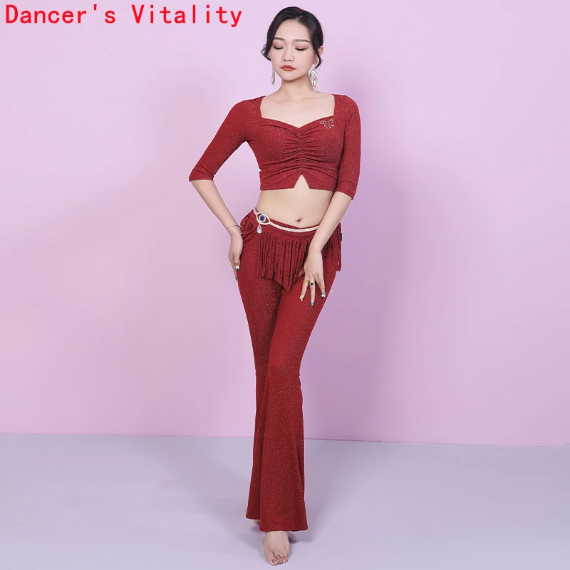 Vêtements d'entraînement de danse du ventre pour femmes, demi manches, haut + pantalon, 2 pièces, costume de danse orientale