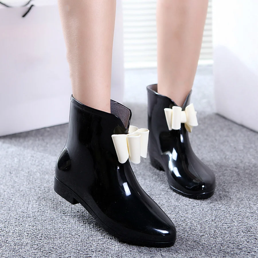 Dwayne – bottes de pluie à bout rond pour femme, chaussures imperméables en PVC brillant, avec nœud papillon à la cheville, à talons bas antidérapants