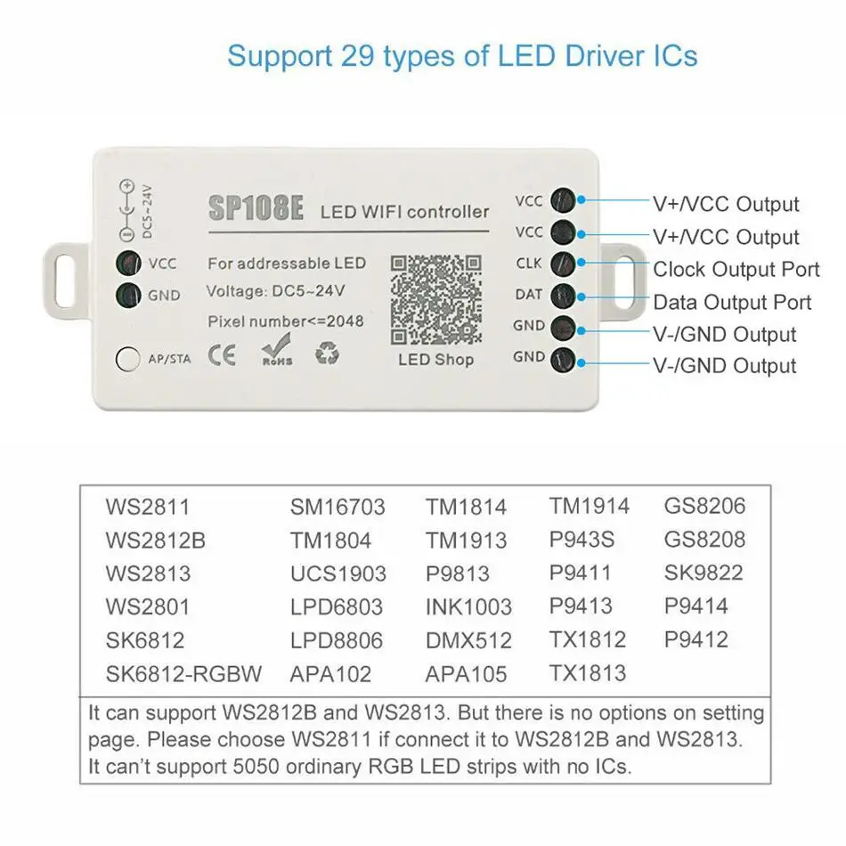 SP108E LED WiFi Magic Controller SK6812 WS2811 WS2812B WS2815 Etc LED Strip Module Light Smart APP Wireless Control DC5-24V