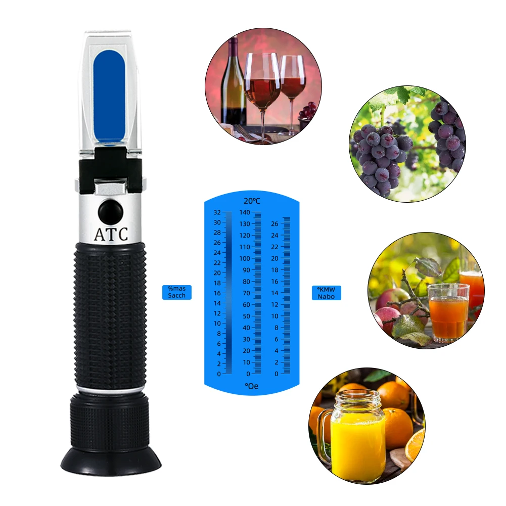 Grape Wine Sugar Refractometer 0-140Oe 0-26kmw Nabo 0-32%mas Concentration Meter Fruit Juice Liquid 3 in 1 Index Tester Tool